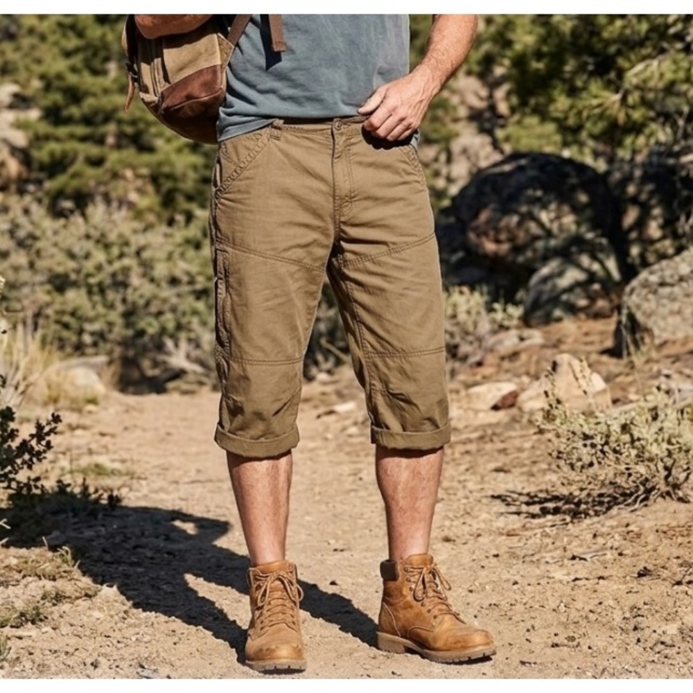 REI Hiking Long Shorts Mens 38 x 15"  Brown Zip Pockets Climbing Durable Cargo